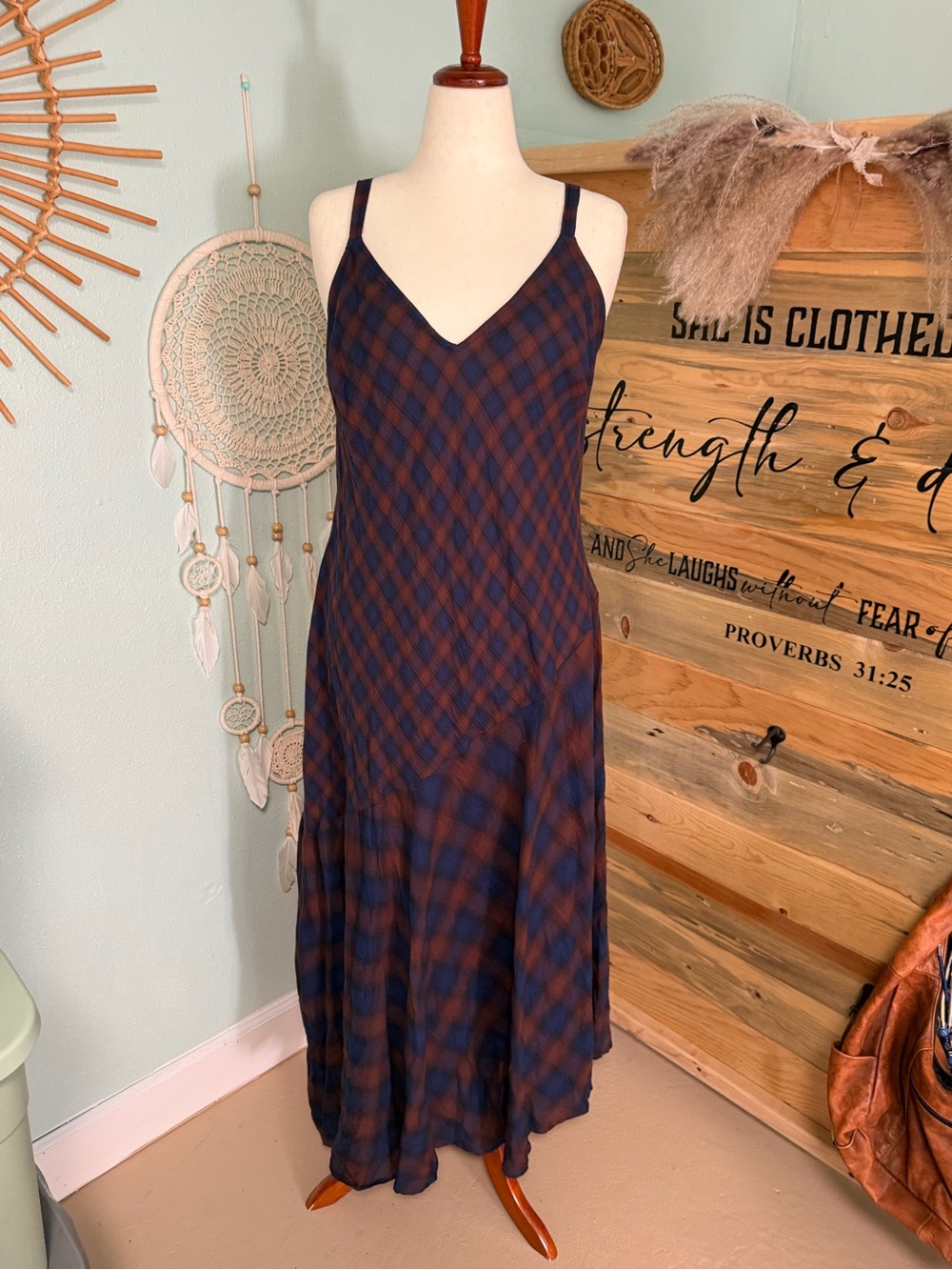 torrid Navy and Brown Plaid Spaghetti Strap Maxi Dress